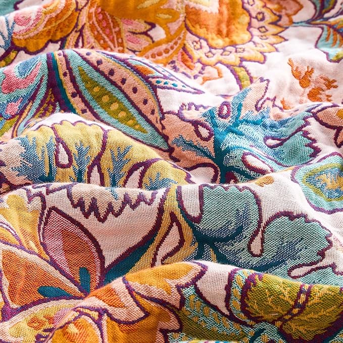 Boho Throw Blanket for Bed, 100% Cotton Soft Rustic Quilt Fall Blanket, 80"x90" Floral Printed Farmhouse Decor Bed Blankets, All Season Rustic Reversible Bohemian Throw Quilt