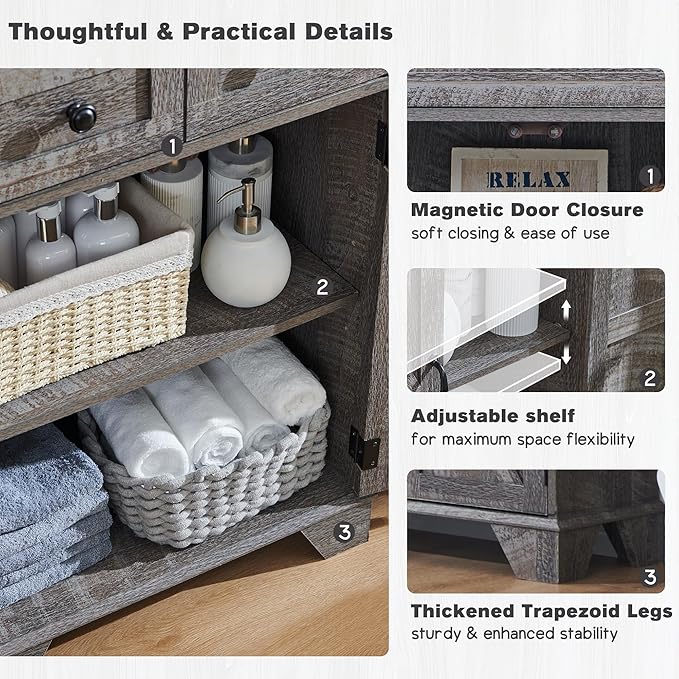 Bathroom Floor Cabinet, Farmhouse 24" Wide Cabinet with Drawer, Adjustable Shelf, Barn Doors, Cabinets for Bathroom, Kitchen, Living Room, Grey Wash