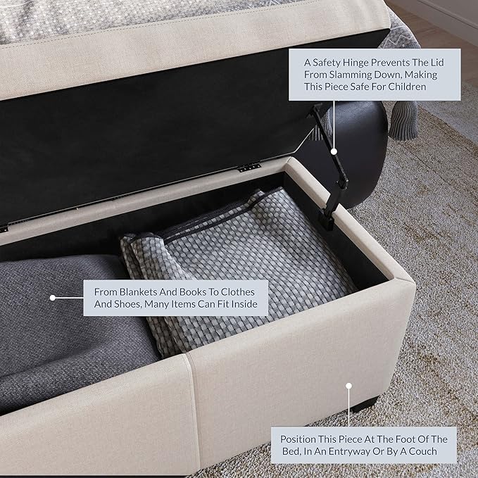 BELLEZE 47 Inch Storage Ottoman, Linen Storage Bench for Bedroom, Living Room, Entryway, Hallway, Foot Rest, Support 300lbs - Beige