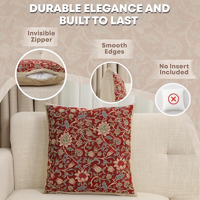Charlotte Home Furnishings Throw Pillow Covers 16x16 in, Red Flowers Decorative Couch Pillow Cover, Boho Decor European Tapestry Cushion Cases, Living Room Cozy Home Decor, Jacquard Woven Soft Cotton