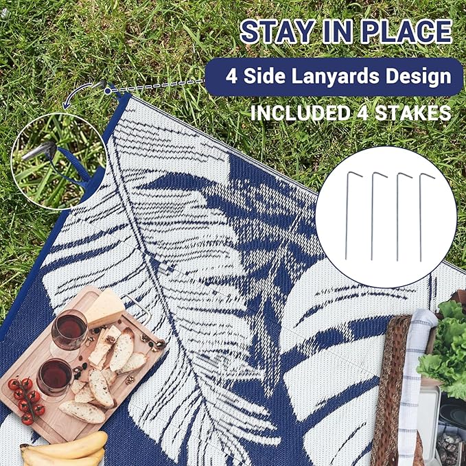 GAOMON Patio Rugs Outdoor 8x10 Waterproof Reversible Plastic Straw Rug Modern Patio Carpet, Foldable Lightweight RV Camping Mat with Portable Bag & 4 Stakes, UV Resistant & Sturdy for Picnic, Blue