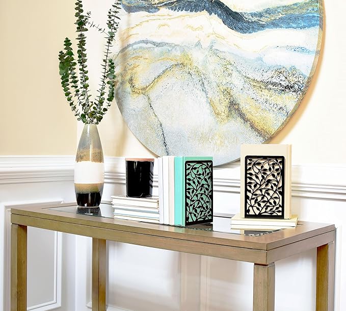 CNK Book Ends for Shelves - Metal Holders for Home Office Heavy Books, Shelf Stoppers, Decorative Set of 2 Black Infinite Leaves Bookends