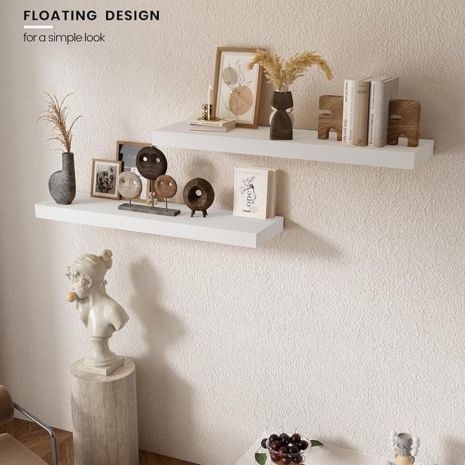 Floating Wood Shelves for Wall 36 Inches x 8”x 1.4” Shelf Floating Home Decor, Heavy Duty Shelf Hold 80 lbs, Wall Shelves for Bathroom Living Room Kitchen Bedroom Office - Set of 2 White
