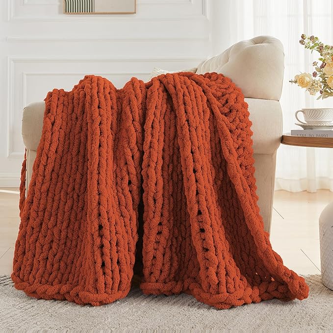 Carriediosa Chunky Knit Throw Blanket 60" X 80" Twin, 100% Hand Made Large Chenille Loop Yarn Soft Fluffy Throws for Couch Sofa Bed, Big Crochet Cozy Heavy Thick Cable Woven Blankets, Rust