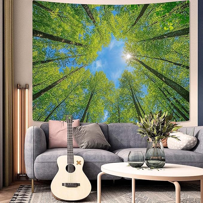 AMM Nature Forest Tree Celling Tapestry Lush Green Treetops Sunlit Tapestry for Bedroom Aesthetic Sky Sunlight Canopy Leaves Landscape Tapestries Wall Hanging for Living Room Dorm Office 48 x 36 Inch