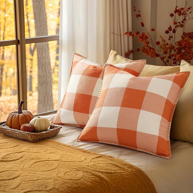 decorUhome Fall Orange and White Decorative Throw Pillow Covers 12x20 Set of 2, Lumbar Buffalo Plaid Check Farmhouse Cushion Covers with Stitched Edge for Autumn Harvest Couch Sofa Bed Home Decor