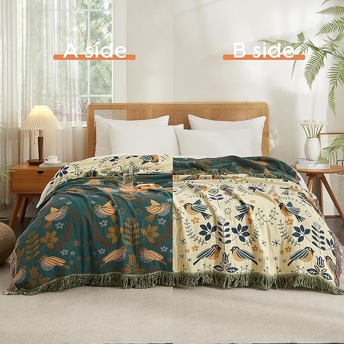 Boho Throw Blanket for Bed 80”x90”, 100% Cotton Woven Blanket for Couch Sofa, Ultra Soft 4-Layer Muslin Quilt with Bird Floral Printed, Farmhouse Bed Blanket/Cover for Living Room Decor