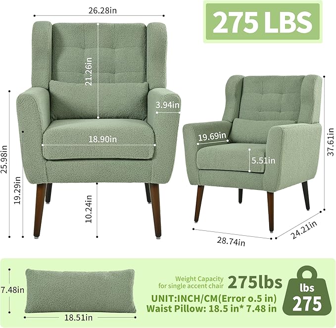 Accent Chair Set of 2, Upholstered Armchair with Pillow, Teddy Single Sofa Chair with Lounge Seat and Wood Legs for Living Room Small Spaces