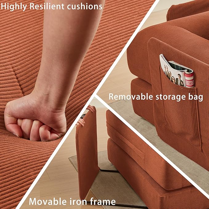 107" Oversized Convertible Sleeper Sofa Bed, Corduroy L Shape Sectional Couch, Folding Sofa Bed with Side Pocket, Modern Cloud Floor Mattress Couch, Modular Sofa for Living Room, Orange