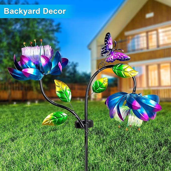 50'' Solar Powered Kinetic Wind Spinner Sculpture Blue Lotus Metal Stake Spinner for Patio, Lawn and Garden Decor Weather Resistant Outdoor Art with Dual Lotus with Butterfly Design