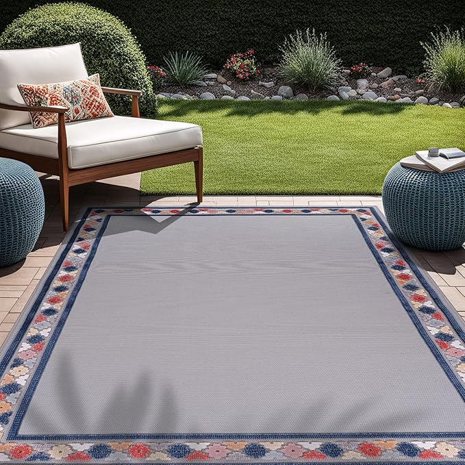 Beverly Rug Outdoor Rug 6x9 Modern Bordered Area Rugs for Indoor and Outdoor Patio Easy to Clean Non Shedding Living Room Porch Garden Washable Outside Carpet (6 x 9 Gray)