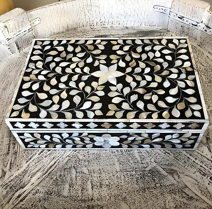 Decorative Wooden Storage Box with Mother of Pearl Inlay – Elegant Floral Design – Perfect for Home Décor in Living Room, Dining Area, or Bedroom (Black, 12x8x5 inches)