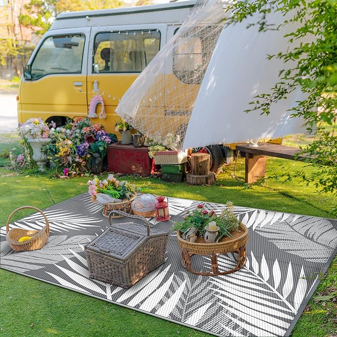 GENIMO Outdoor Rug 6' x 9' Waterproof for Patios Clearance, Reversible Plastic Straw Camping Carpet, Large Area Rugs Mats RV, Picnic, Backyard, Deck, Balcony, Porch, Beach, Grey&White