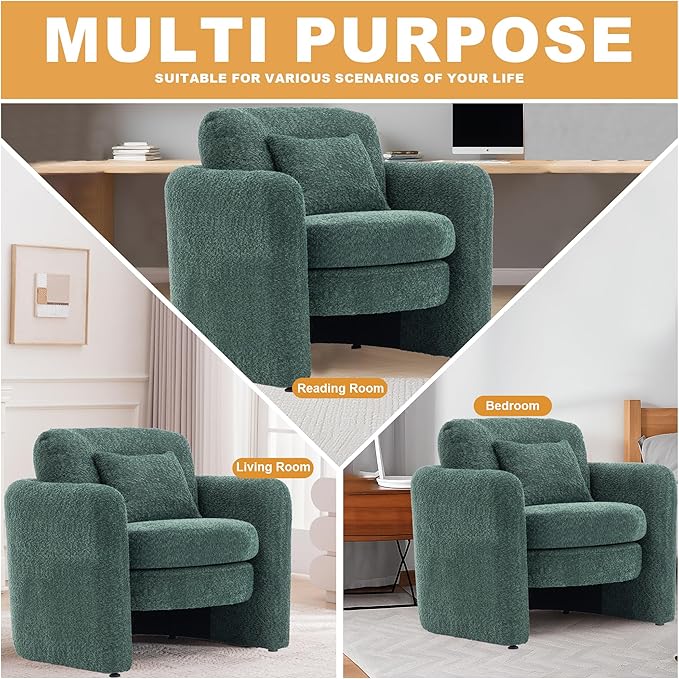 Chenille Accent Armchair Oversize Upholstered Barrel Comfy Modern Round Lounge Sofa Chair with Pillow Cozy Reading Chairs for Apartment,Office,Living Room,Dining,Makeup,Club,Green 2SET