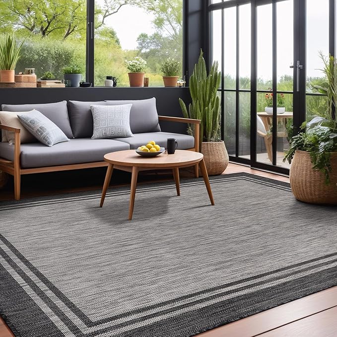 Bordered Outdoor Rug 10x14 Washable Outside Carpet for Indoor Patio Porch Waterproof Easy Cleaning Non Shedding Area Rugs Dark Gray 10 x 14
