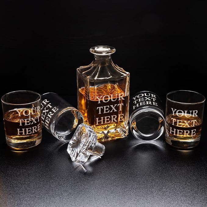 Gifts Inscribed Personalized Whiskey Decanter Set - Engraved Whiskey Decanter Bottle & Set of 4 Custom Drinking Glasses Laser Etched - Customized Whiskey Gift for Wedding, Anniversary, Birthday, Dad