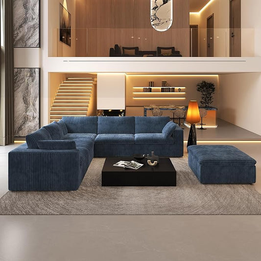 118" 6-Seater Cloud Sofa,Modular Sectional Couch with Ottoman,Modern Deep Seat Upholstered Couches with Plush Corduroy Fabric for Living Room Furniture,Bedroom and Apartment,No Assembly Required,Blue