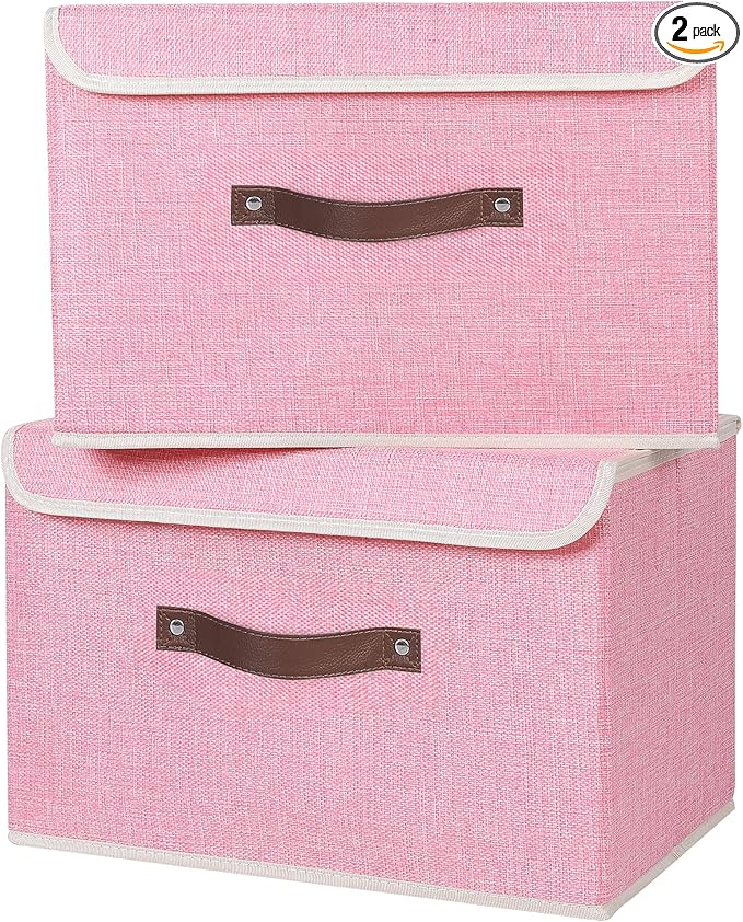 ANMINY 2PCS Storage Bins with Lid PU Leather Handles Storage Boxes PP Plastic Board Decorative Foldable Lidded Cotton Linen Fabric Home Cubes Baskets Closet Organizer Containers - Pink, Large Size