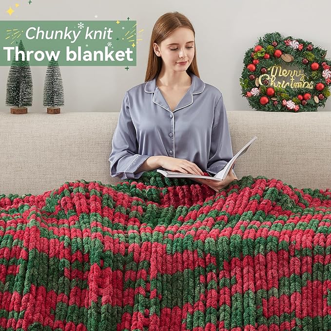 Chunky Knit Throw Blanket, 30''*40'' Knitted Throw Chenille Yarn for Bed Couch, Handmade Stripe Crochet Big Thick Blanket, Machine Washable Cute Comfy Blanket for Home Decor