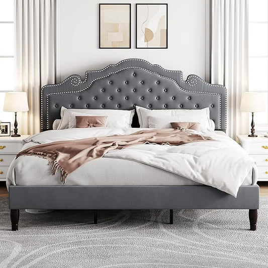 Allewie King Size Bed Frame with Adjustable Velvet Tiara Headboard, Upholstered Diamond Button Tufted Platform Bed, Wood Slats Support, No Box Spring Needed, Light Grey