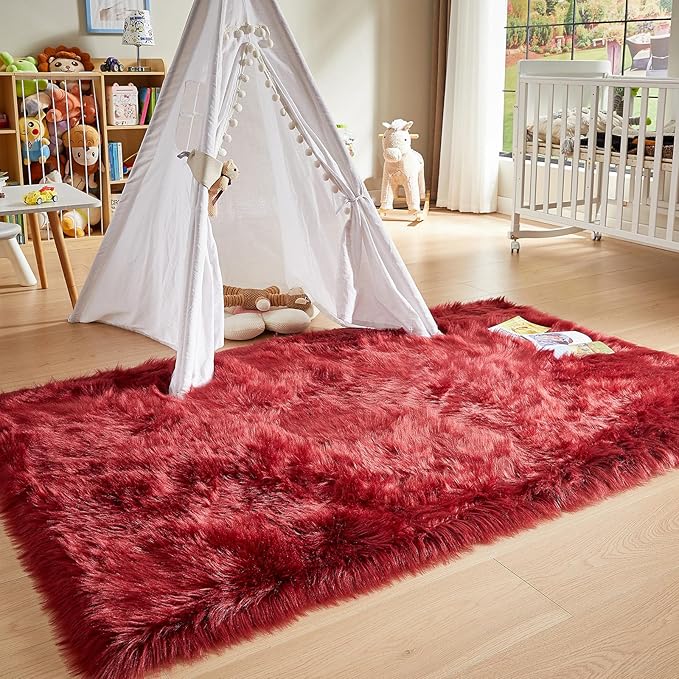 AMTOVO Faux Fur Sheepskin Rug for Living Room, 4 x 6 ft Burgundy Fluffy Area Rug for Bedroom, Playroom, Luxury Room Decor, Rectangle