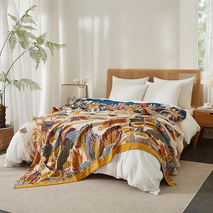 Boho Throw Blanket for Bed 60”x80”, 100% Cotton Woven Blanket for Couch Sofa, Ultra Soft 4-Layer Muslin Quilt with Floral Printed, Farmhouse Bed Blanket/Cover for Living Room Decor