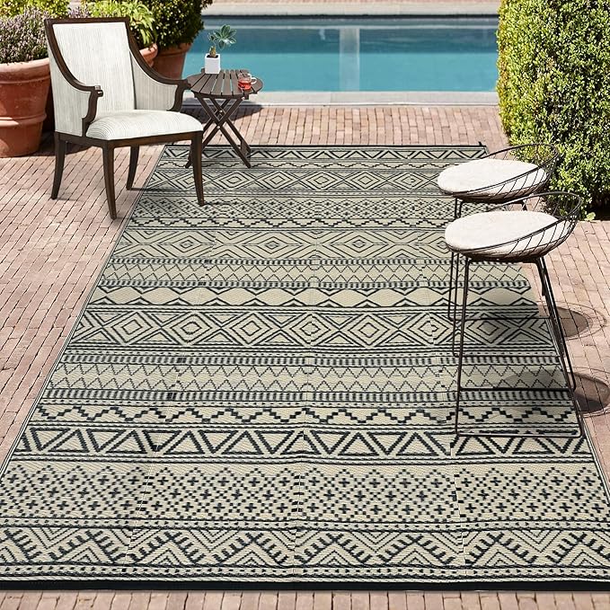 GAOMON Outdoor Rug Waterproof 8'x10', Reversible Outdoor Plastic Straw Rug, Boho Patio Rug, Indoor Outdoor Carpet, RV Mat Outside for Patio, Camp, Picnic, Balcony, Deck, Black/Coffee(Bohemia)