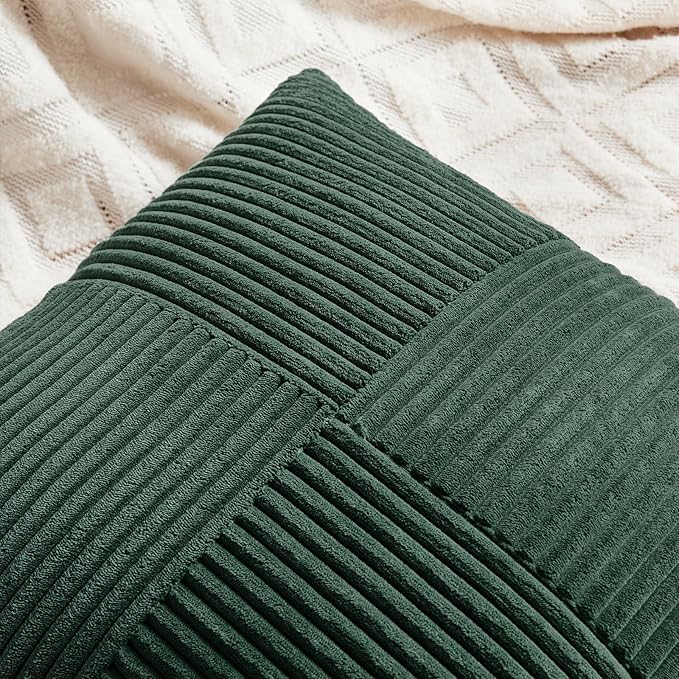 Fancy Homi Set of 2 Dark Green Decorative Throw Pillow Covers 16x16 Inch for Living Room Couch Bed, Boho Farmhouse Forest Green Home Decor, Soft Corss Corduroy Patchwork Textured Cushion Case