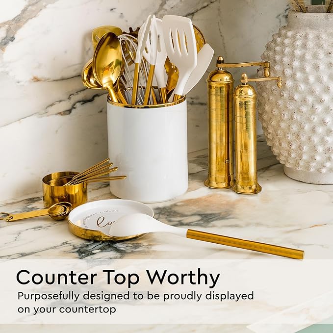 Gold Kitchen Utensils Set - 19-Piece Set Includes Stainless Steel Gold Utensils, White Silicone Tools, and Measuring Cups and Spoons - Luxury Kitchen Accessories for Modern Cooking, Serving, & Gifting
