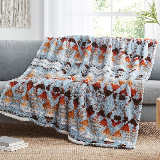 CASAAGUSTO Boho Sherpa Throw Blanket, Aztec Throw Blanket, Ultra Soft, Warm, Cozy, Plush, Thick Fleece Bohemian Blanket for Couch, Bed, Sofa (Blue Grey 50 * 60 Inch)