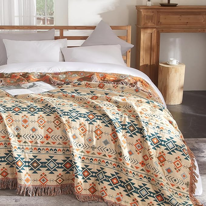 Boho Throw Blanket for Couch Sofa Bed, 100% Cotton Woven Quilt with Tassel 60”x80”, Super Soft Muslin Blanket with Patchwork Printed, Decorative Reversible Bed Blanket/Cover for All Seasons