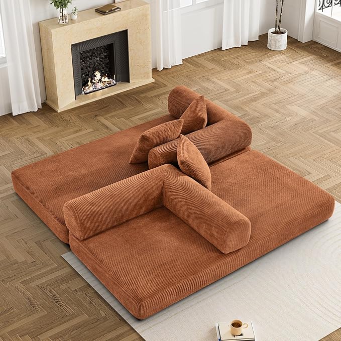 Convertible Sleeper Sofa Bed with Pillow, 4-in-1 Corduroy Folding Mattress Couch with Fixed-Shape Frame, Futon Fold Out Floor Sofa Cama Lounge Couch for Living Room Bedroom, Orange