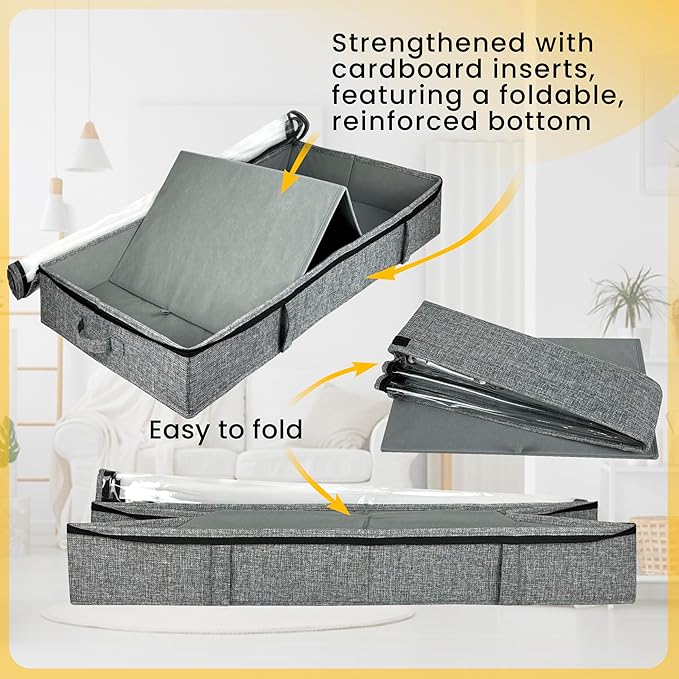 Gray Low Profile Under Bed Storage Containers 5 inches high, 33.8"x 17.7"x 5.1", Sturdy Underbed Shoe Storage Organizer, Foldable Fabric Under the Bed Storage Bins - Pack of 2