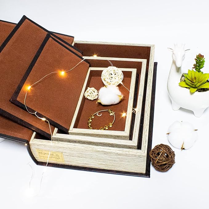 Decorative Book Box Set of 3,Vintage Style Book Shaped Storage Box,Leather Decorative Wooden Trinket Jewelry Books Boxes with Antique Embossed Pattern,Mother's Day/Graduation /Birthday Gift Idea