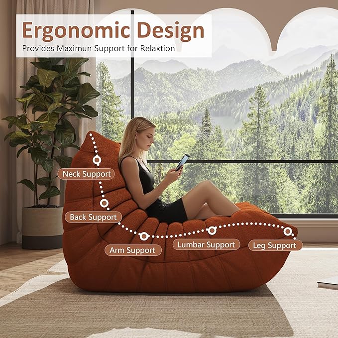 Bean Bag Chairs for Adults Giant Bean Bag Chair， 2 Seater with Memory Foam Filled Fireside Chair, Lazy Sofa Lounge Floor Sofa for Living Room, Bedroom, Office, No Assembly Required. (Orange)