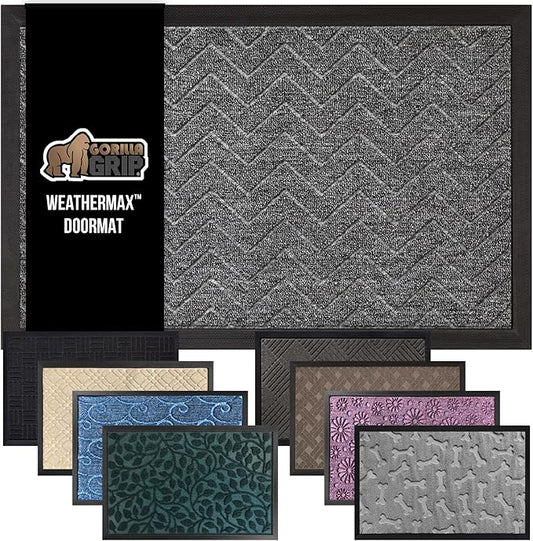 GORILLA GRIP 100% Waterproof All-Season WeatherMax Doormat, 34x58, US Designed Natural Rubber, Stain and Fade Resistant, Low Profile Indoor Outdoor Door Mats, Easy Clean Patio Mat, Steel Chevron