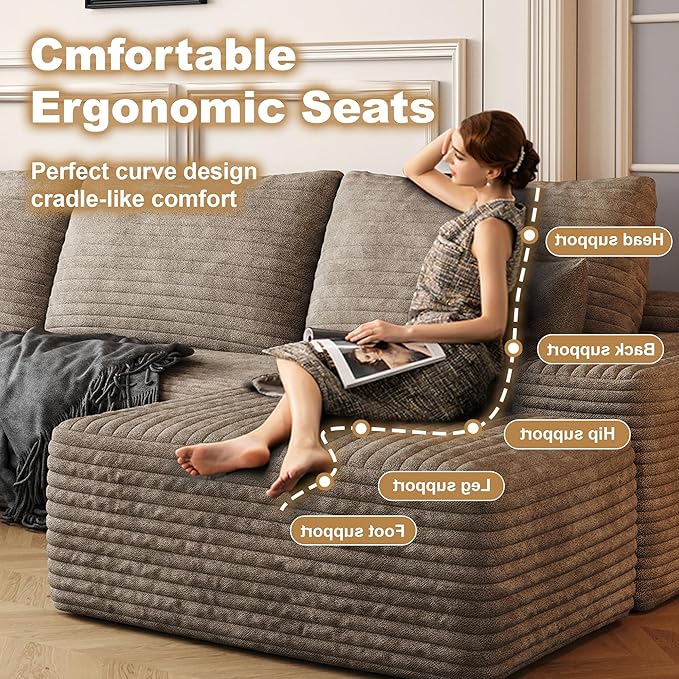 108" Sectional Couches for Living Room Modern Modular Sofa with L-Shape Couchs Upholstered Boneless Couch Deep Seat Sectional Couch with Chaise (Camel, Left Facing Chaise+2Seaters+1Ottoman)