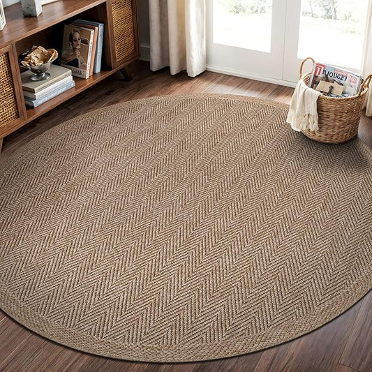 CAMILSON Easy Jute Round Rug 4ft Indoor Outdoor Natural Color Fiber Area Rugs for Living Room Patio and Kitchen Rug Herringbone Woven Design Easy-Cleaning Washable Outside Carpet Alfombras (4 Round)