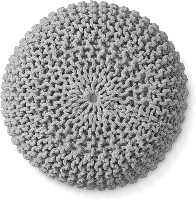 Casafield Round Pouf Ottoman, Light Gray - 20" Diameter x 14.5" High Cotton Knit Foot Stool - Boho Floor Pouffe for Living Room, Bedroom, Home Office