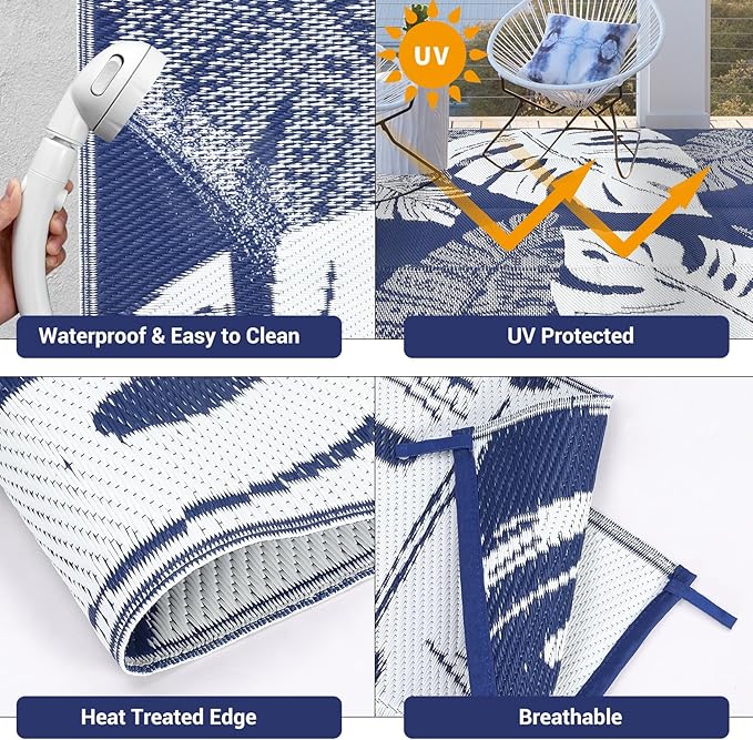 GAOMON Patio Rugs Outdoor 8x10 Waterproof Reversible Plastic Straw Rug Modern Patio Carpet, Foldable Lightweight RV Camping Mat with Portable Bag & 4 Stakes, UV Resistant & Sturdy for Picnic, Blue