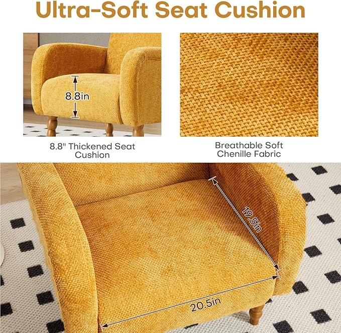 Chenille Fabric Accent Chair, Upholstered Armchair with Solid Wood Legs, Modern Living Room Accent Chair, Comfy Single Sofa Chair Reading Club Chair for Bedroom Reception Lounge, Yellow