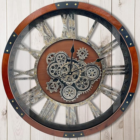 DORBOKER 24" Original Moving Gears Wall Clock, Large Industrial Wall Clock for Living Room Decor,Oversized Wood Vintage Farmhouse Steampunk Rustic Clocks for Wall Decor,Black Walnut