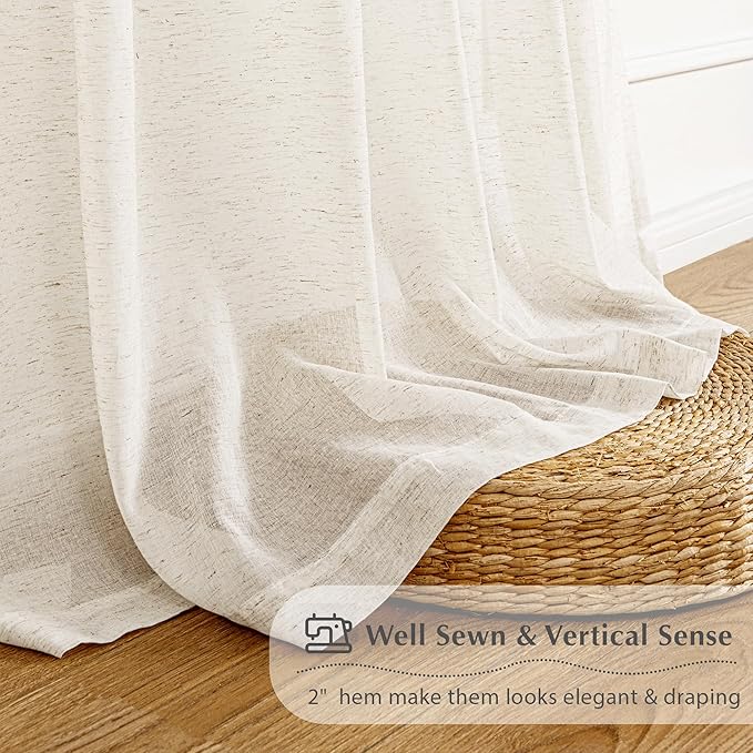 FMFUNCTEX Linen Sheer Pinch Pleated Curtains for Bedroom, Linen Flax Beige 63 Inch Length Sheer Curtain See Through Panels for Living Room, Natural Window Drapes for Farmhouse, Rod Pocket 2 Panels