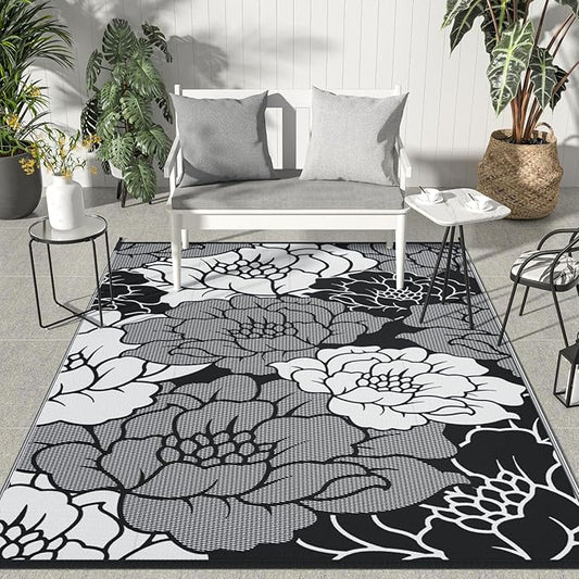GENIMO Outdoor Rug Waterproof for Patio Decor, 9' x 12' Reversible Plastic Straw Floral Camping Carpet, Large Area Rugs Mats for RV, Camper, Deck, Balcony, Porch, Beach, Picnic, Mix-Black & White