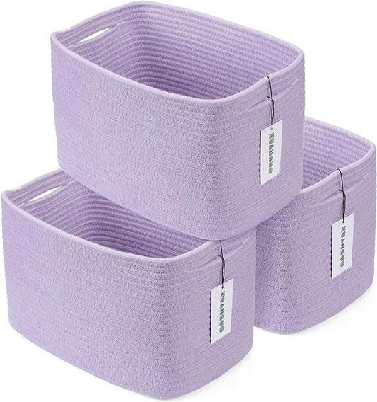 Cotton Rope storage Basket Bins Woven Basket for Organizing Shelves Rectangle Decorative Baskets For storage Clothes Toys Books Towels Square Wicker Nursery basket organizer 3 pack purple lavender