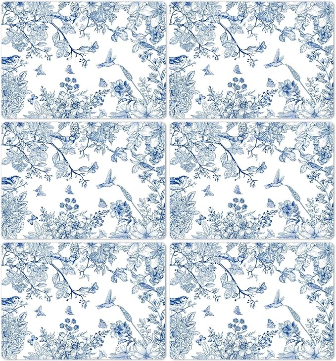 Blue Floral Placemats Set of 6 Flower Bird Plastic Table Mats Seasonal Spring Placemats Chinoiserie Place Mats Rustic Vintage Table Decoration for Indoor Outdoor Party Kitchen Dining
