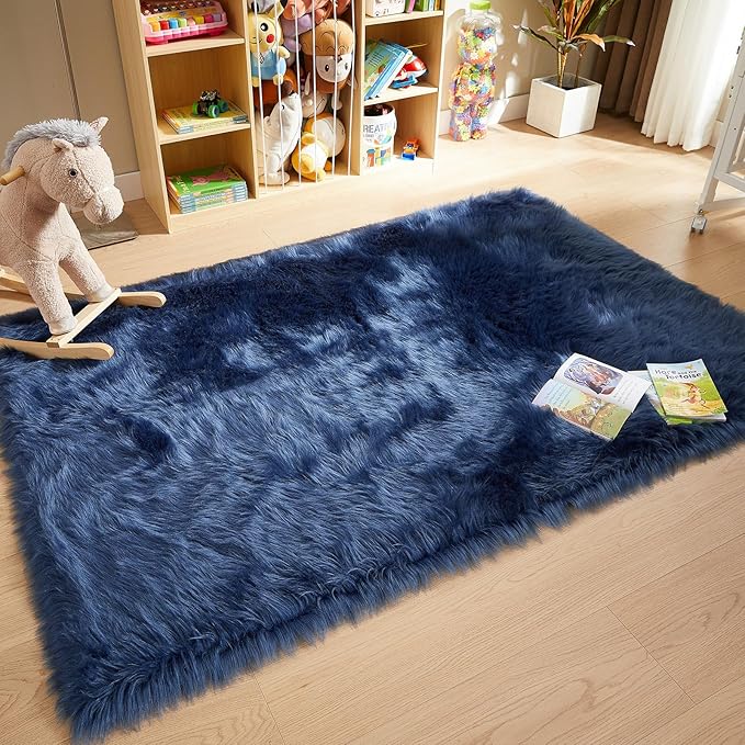 AMTOVO Faux Fur Sheepskin Rug for Living Room, 4 x 6 ft Dark Blue Fluffy Area Rug for Bedroom, Playroom, Luxury Room Decor, Rectangle