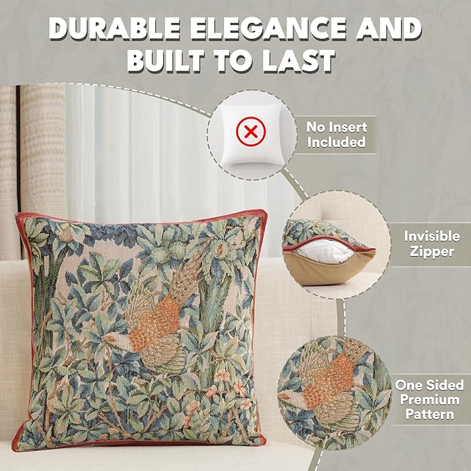 Charlotte Home Furnishings Decorative Tapestry Pillow Cover 19x19 in, Green Pheasant Couch Throw Pillow Cover, French Country Square Cushion Cases for Bed Room Home Decor, Soft Cotton Jacquard Woven