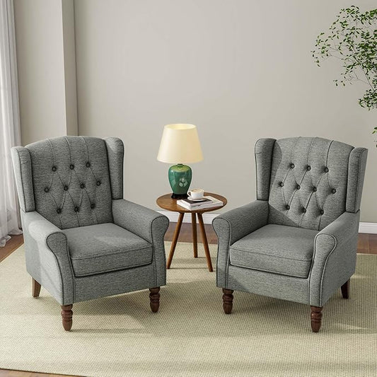 Accent Chair, Upholstered Armchair with Button Tufted High Back & Solid Wood Legs, Comfy Wingback Reading Single Sofa Chair for Small Spaces, Living Room, Bedroom (Grey, Set of 2)