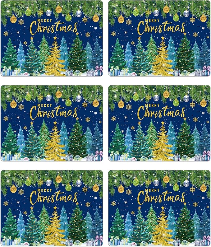 Christmas Pine Trees Placemats Set of 6 Plastic Table Mats Xmas Ball Ornaments Snowflakes Place Mats Holiday Pine Trees Winter Table Decoration for Indoor Outdoor Party Kitchen Dining